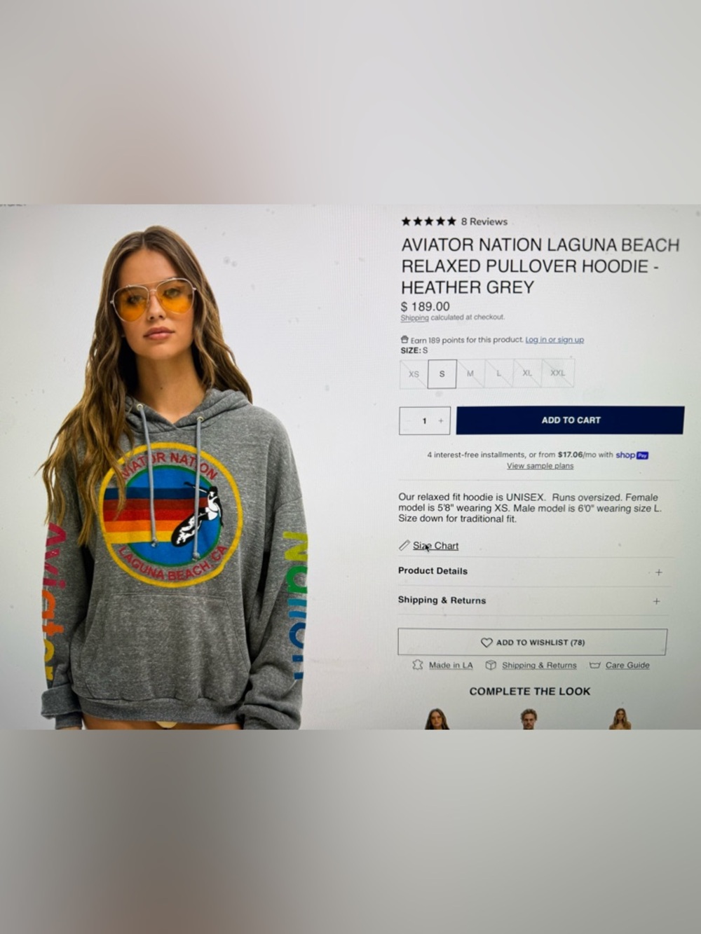 Aviator Nation Laguna Grey Hoodie with Rainbow Surf Logo XS - Picture 7 of 7